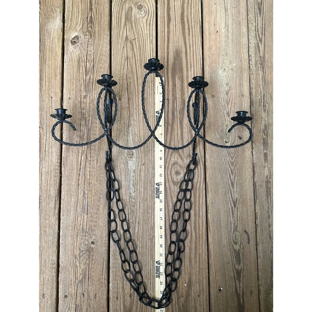 Vintage Black Wrought Iron 5 Light Hanging Candelabra Twisted Metal Gothic Decor